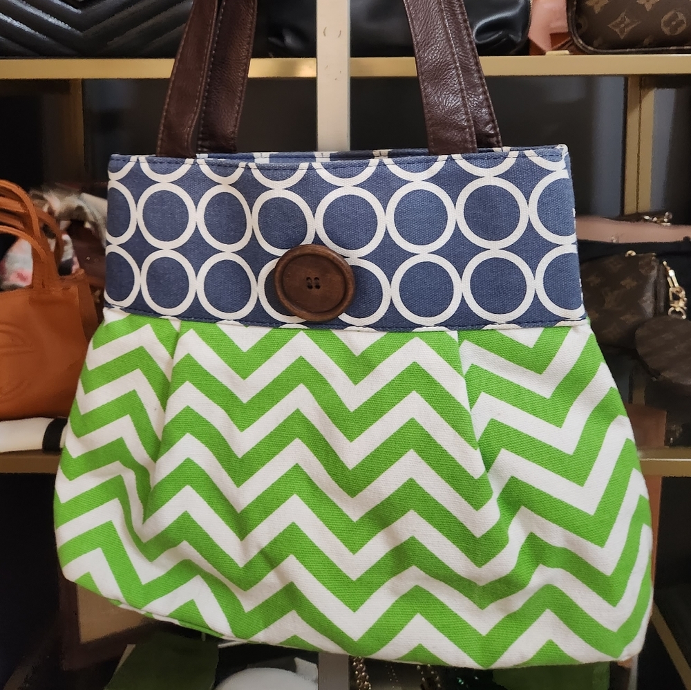 Boutique Canvas Leather Wood Button Shoulder Bag Chevron Circle Navy Green Ivory